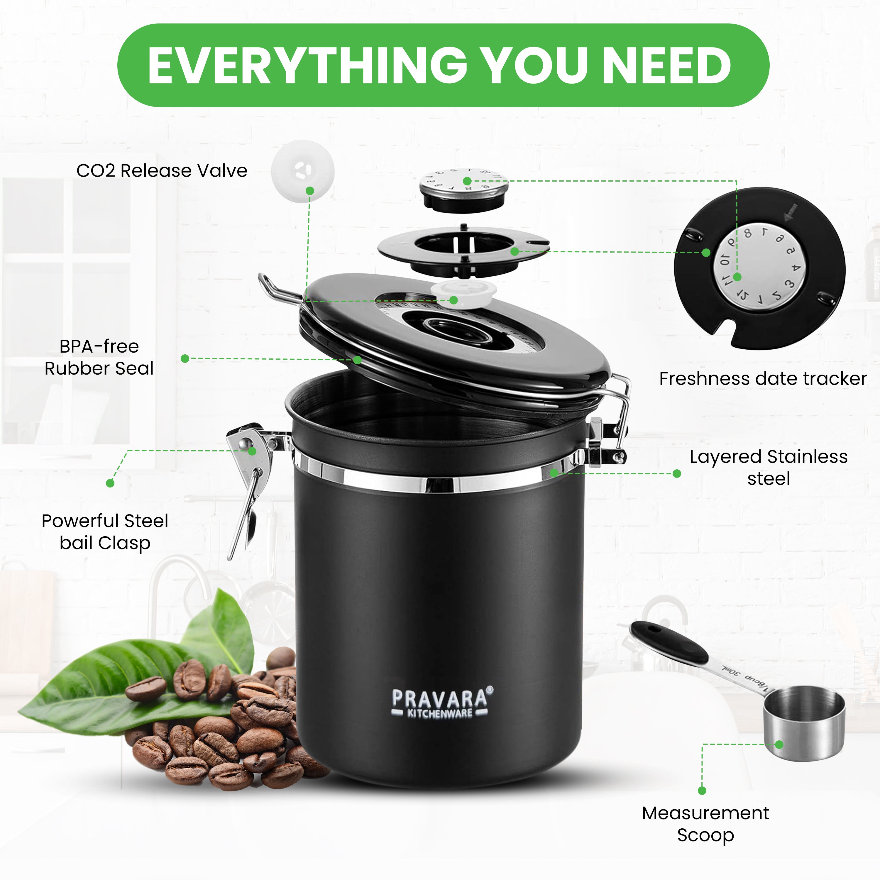 Pravara 1500ML Airtight Coffee Bean Storage